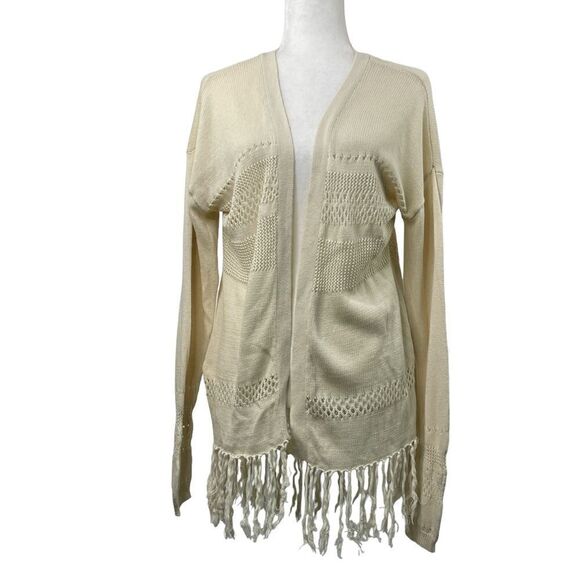 Wild Pearl Open Cardigan with fringe boho cotton crochet design Large cream - Picture 1 of 14